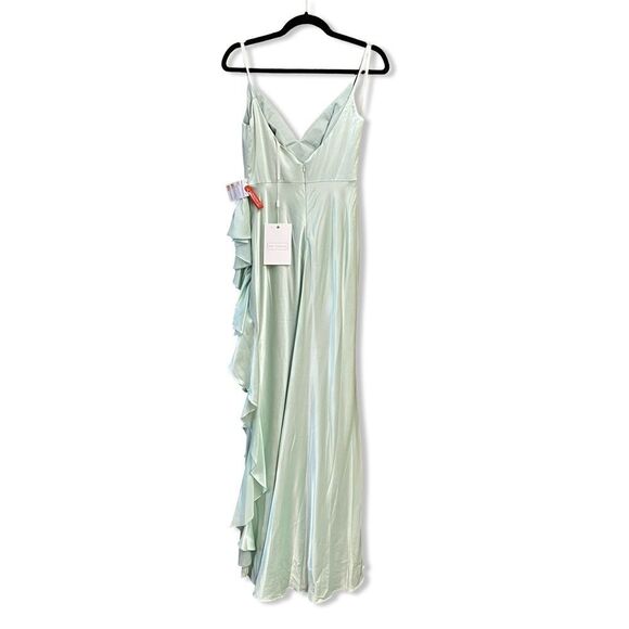 Mac Duggal Light Green Satin Ruffled Asymmetrical Gown slip dress maxi NWT 4 - Picture 7 of 14